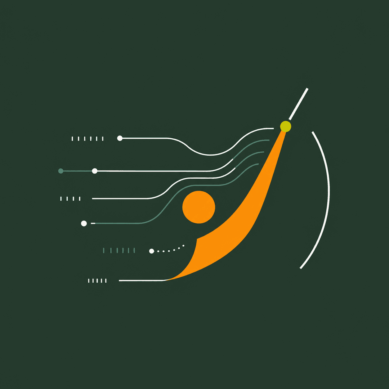 Orkestr visual: fragmented signals converging into an orchestrated trajectory